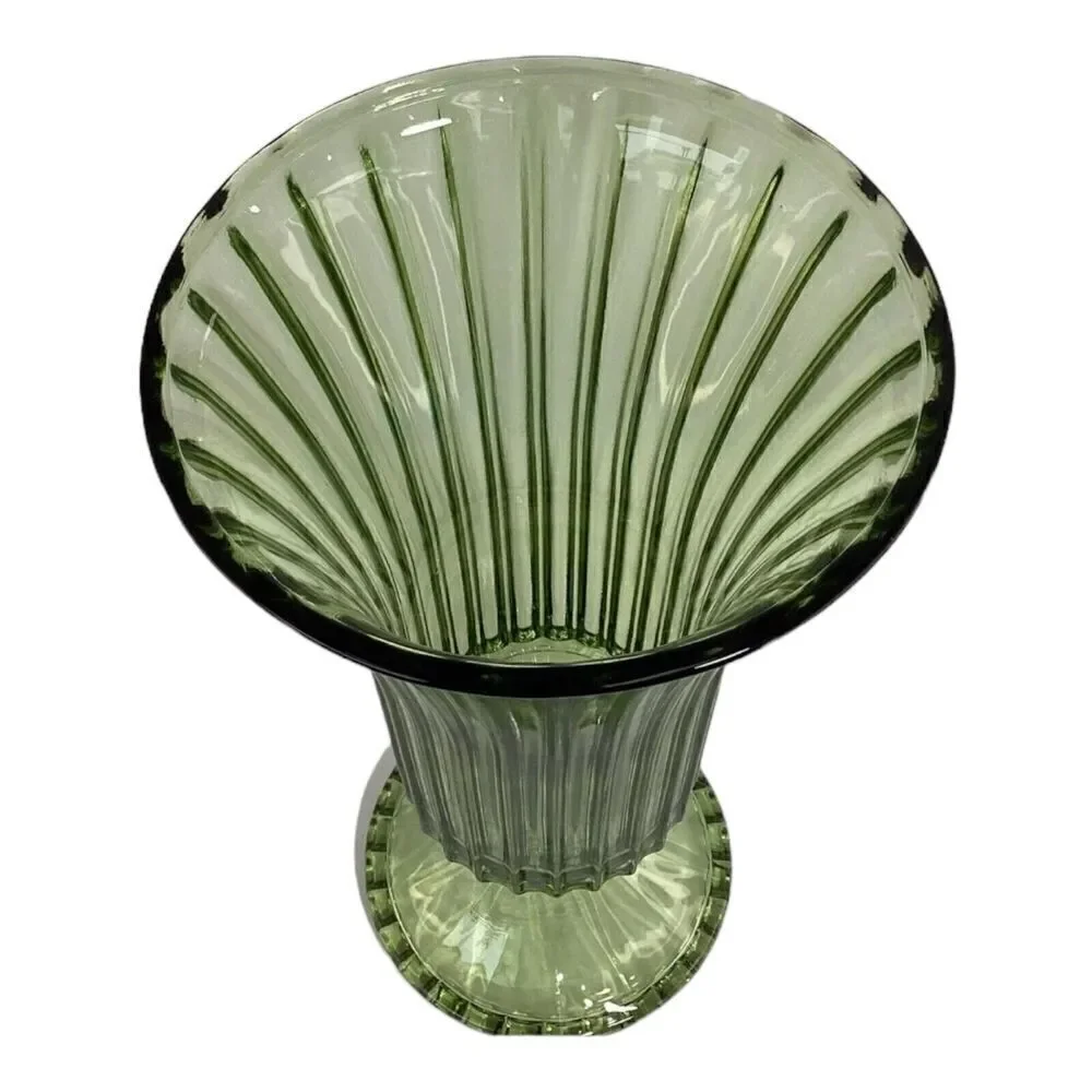 Vintage green glass Pedestal Vause vertical line scalloped base edge MCM